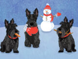 3 Scotties and Snowman Christmas Card